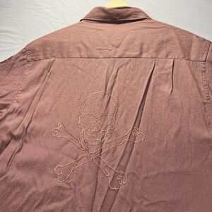 Vintage Y2K Button Up Shirt Men Large Brown Short Sleeve Skull Cross Bones Skate
